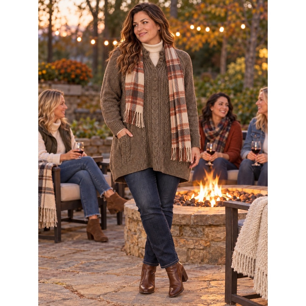 Soft Surroundings Sweater Women Rustic Brown Good Cable Knit Wool Cashmere Tunic